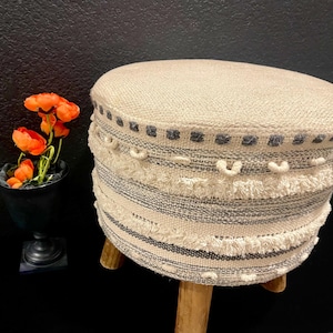Wool Round Pouf Ottoman: Beige Charcoal Abstract Upholstered, Boho Style Foot Stool (15.5”H-15”W-15”D)