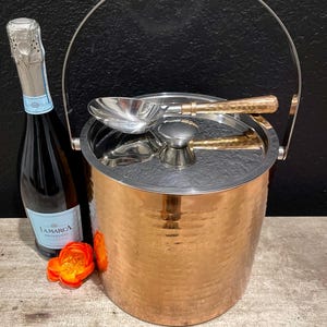 Vintage Hammered Cooper Champagne Bucket with Ice Scooper: Polished Nickel Lid with Handle, Wedding gift (9”)