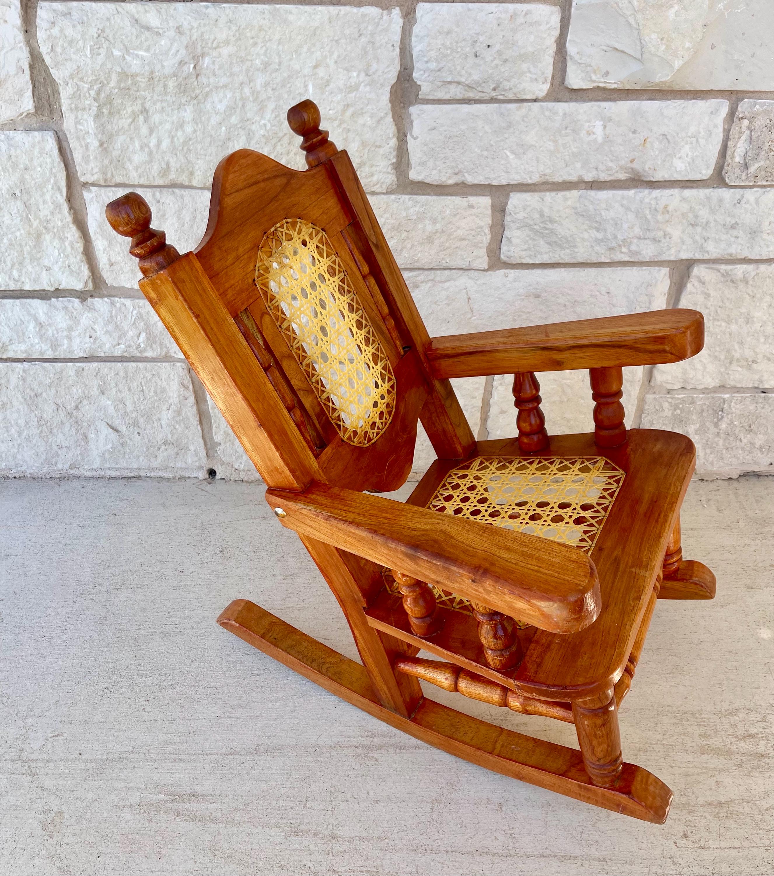 Vintage Solid Wood Child Rocking Chair: Cane Seat and Backrest Design, Handcrafted Kids Rocker (25.5"H-20"W-26"D)