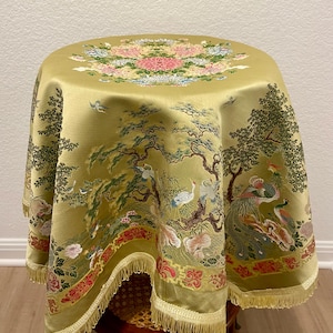 Unique Superior Quality Silk Gold Greenish Tablecloth/Tapestry/Piano Shawl/Chinese Brocaded Design with Birds/Trees/Flowers/38”-38”