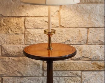 Vintage Stiffel Brass and Wood Tray Table Floor Lamp: Mid Century Empire Style, Living Room Lighting (55”-17”)