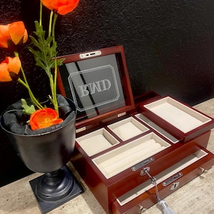 Davis and Towne Men’s Wooden Dresser Valet Jewelry Box: Watches Holder, Two Lockable Drawers, Gift (11.75"-8.5"-4.5)