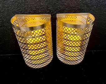 Vintage Metallic Gold Wall Pair Sconce: Geometric Filigree Lattice Pattern, Battery-Operated Candles, Lighting Decor (10”H-6”W-4.5”D)