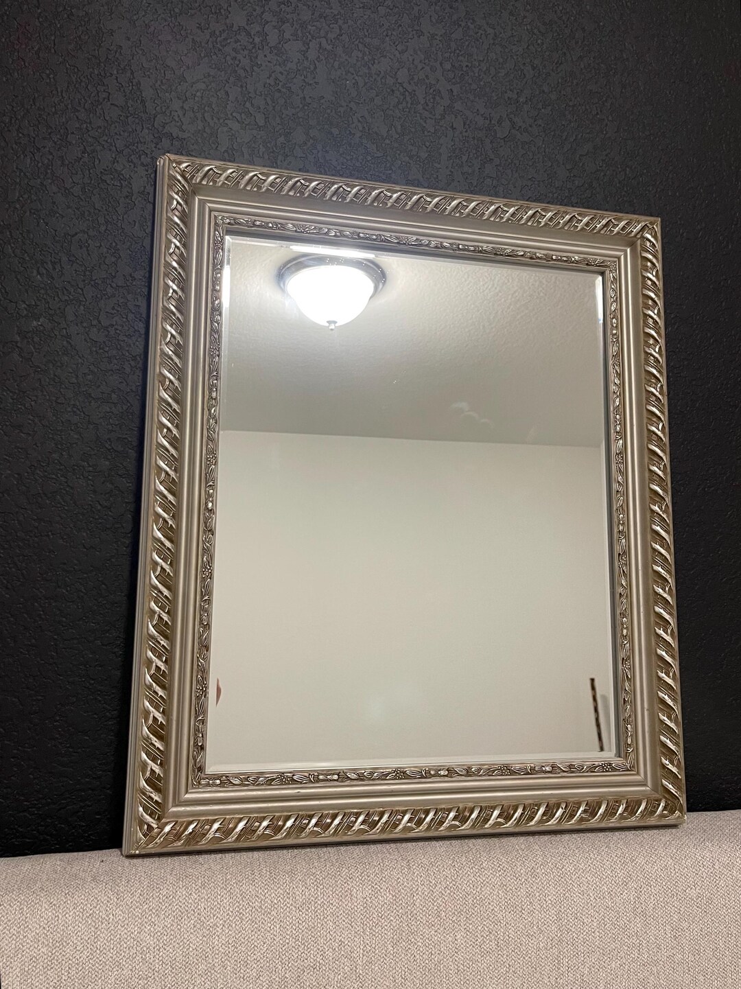 Vintage French Style Silver Raised Ornate Wood Framed Wall Mirror