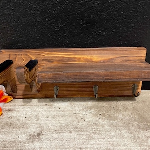Vintage Wooden Floating Wall Shelf: Guitar Holders, 3 Brass Hooks, Entryway Coats Organizer (15L-5.75H-5.5”D)