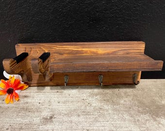 Vintage Wooden Floating Wall Shelf: Guitar Holders, 3 Brass Hooks, Entryway Coats Organizer (15L-5.75H-5.5”D)