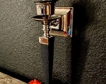 Vintage Bombay Co Wall Candle Sconce: Polished Silver Finished, Black Faux Leather (13.5”H-3.5”W-4”D)