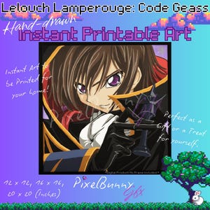 Puede incluir: Arte imprimible digital con Lelouch Lamperouge de Code Geass. La obra presenta una ilustración detallada de estilo anime con una combinación de colores púrpura y negro. La imagen incluye texto que dice "Arte imprimible instantáneo" y medidas en cm.