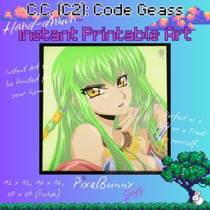 May include: A hand-drawn digital art print featuring a female anime character with green hair and yellow eyes. The print is titled "C.C. (C2): Code Geass" and is available in 12 x 12, 16 x 16, and 20 x 20 inches. The art is described as instant printable art.