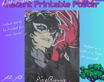 Persona 5 Joker Art Print: Traditional Hand-Drawn Poster (Digital PNG Download, 3 Sizes A2-A4)