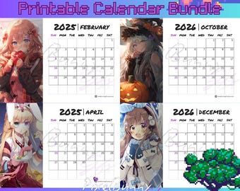 Puede incluir: Un paquete de calendarios Anime imprimibles 2025/26 con ilustraciones de estilo anime para cada mes. El calendario incluye meses como febrero, abril, octubre y diciembre. El diseño está en formato horizontal con el texto "Printable Calendar Bundle".