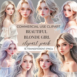 Clipart di una bella ragazza bionda / Illustrazione di moda ad acquerello / PNG con estetica femminile / Download digitale per agende, adesivi, stampe