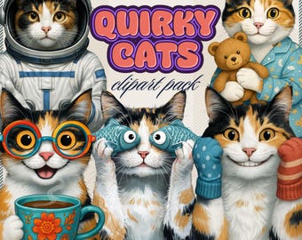 Funny Cats Clipart: Quirky Cat Illustrations PNG Bundle (Digital Download)