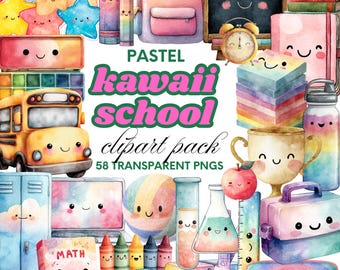 Paquete de imágenes prediseñadas escolares kawaii: pegatinas PNG pastel de regreso a clases (descarga digital)