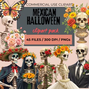 Mexicaanse Halloween-clipart | Día de los Muertos | Suikerschedel, png-bestand | Elegante aquarelkunst | Digitale download