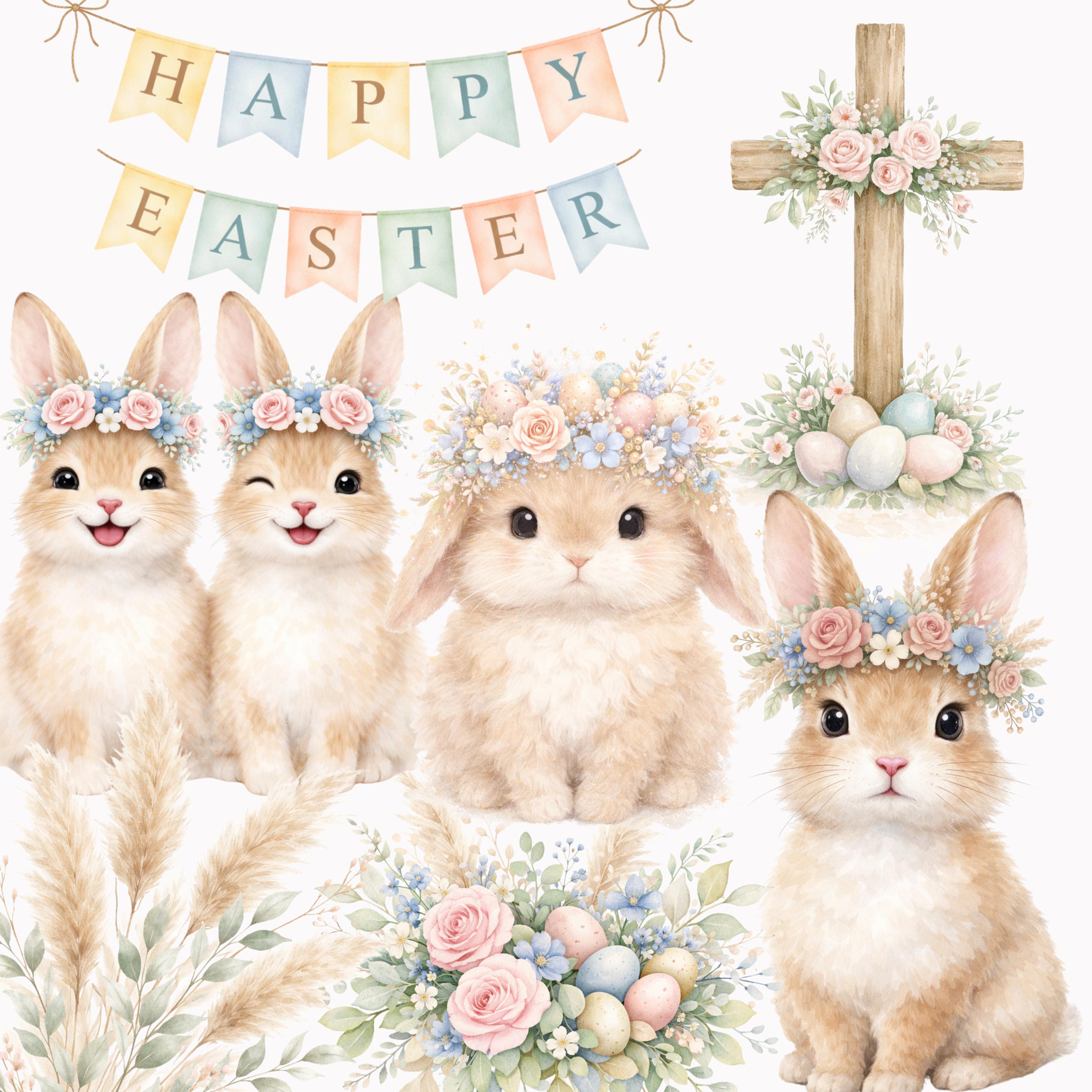 Boho Easter Clipart Bundle | Watercolor Bunnies, Pastel Eggs, Spring ...