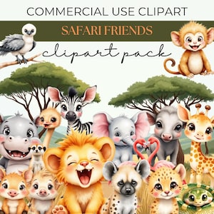 Safari Freunde Aquarell Clipart, Safari Tiere, Clipart für kommerzielle Nutzung, transparente PNGs, Nursey Clipart, Löwe, Giraffe, Zebra, Hyäne