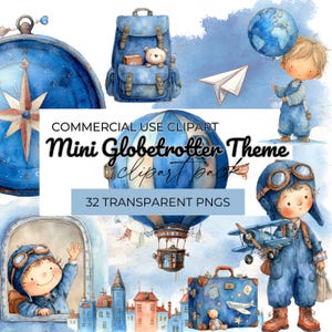 Mini Globetrotter Baby Boy Clipart – Watercolor Travel Set with Airplane, Suitcase, Passport, Hot Air Balloon – Blue Adventure Theme