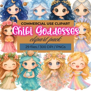 Chibi Gudinna Clipart | Eteriska Magiska Feer | Nyckfulla Akvarell PNGs | Digital Nedladdning