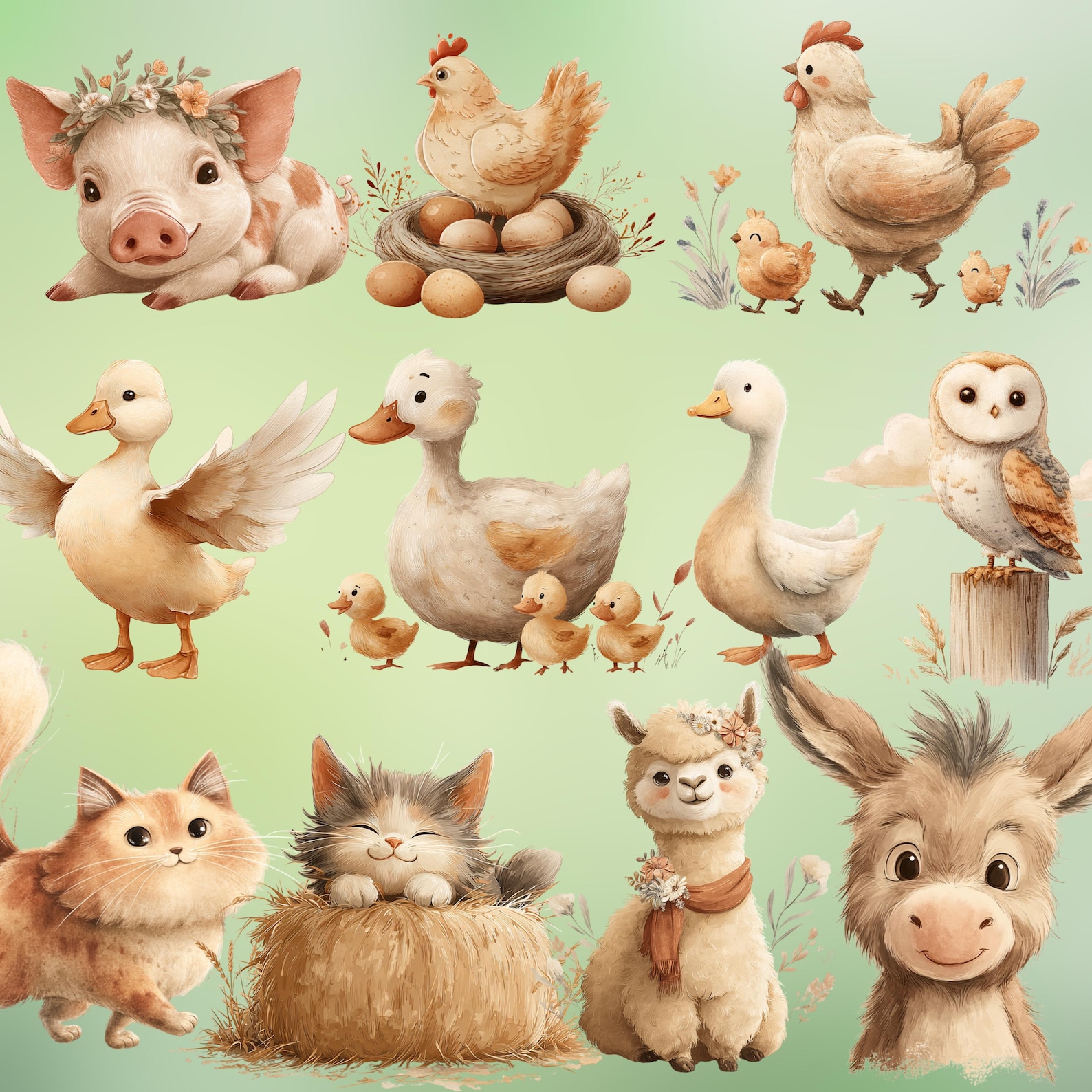 Watercolor Farm Animals Clipart Set: Barnyard Friends, Baby Shower (PNG ...