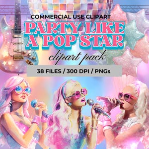 以下が含まれることがあります： ピンクと青で「PARTY LIKE A POP STAR」というテキストが入ったデジタルクリップアートパック。ポップスター、ギター、ディスコボール、星型の風船のイラストが特徴です。300 DPIで38ファイルが含まれています。