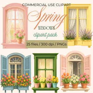 May include: A collection of watercolor clipart featuring spring windows. The windows are in various colors, including pink, yellow, blue, and green, and are decorated with flowers and curtains. Text on the image reads "Spring Windows clipart pack" and "Commercial Use Clipart".