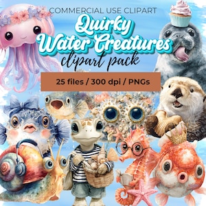 May include: A collection of whimsical aquatic creatures, including a jellyfish, seal, otter, turtle, seahorse, and fish. The image features the text "Quirky Water Creatures clipart pack" with details about the file count and resolution.