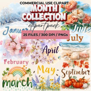 Months of the Year Clipart | Seasonal Monthly Illustration Pack | Hand Painted Calendar Months Graphics for Planners, Stickers & Printables