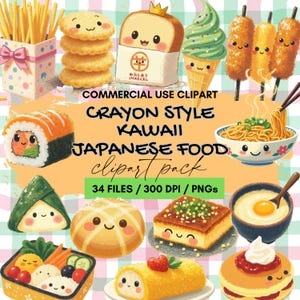 Könnte beinhalten: Eine Sammlung von Kawaii-Japanisch-Food-Clipart im Crayon-Stil. Das Bild enthält Illustrationen von Sushi, Ramen, Tempura und anderen Gerichten. Der Text auf dem Bild lautet "COMMERCIAL USE CLIPART CRAYON STYLE KAWAII JAPANESE FOOD clipart pack 34 FILES / 300 DPI / PNGs."