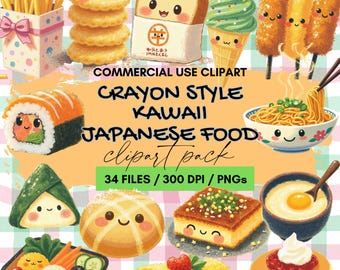 Kawaii Japanese Food Clipart: Crayon-Style Sushi, Ramen (Digital Download)