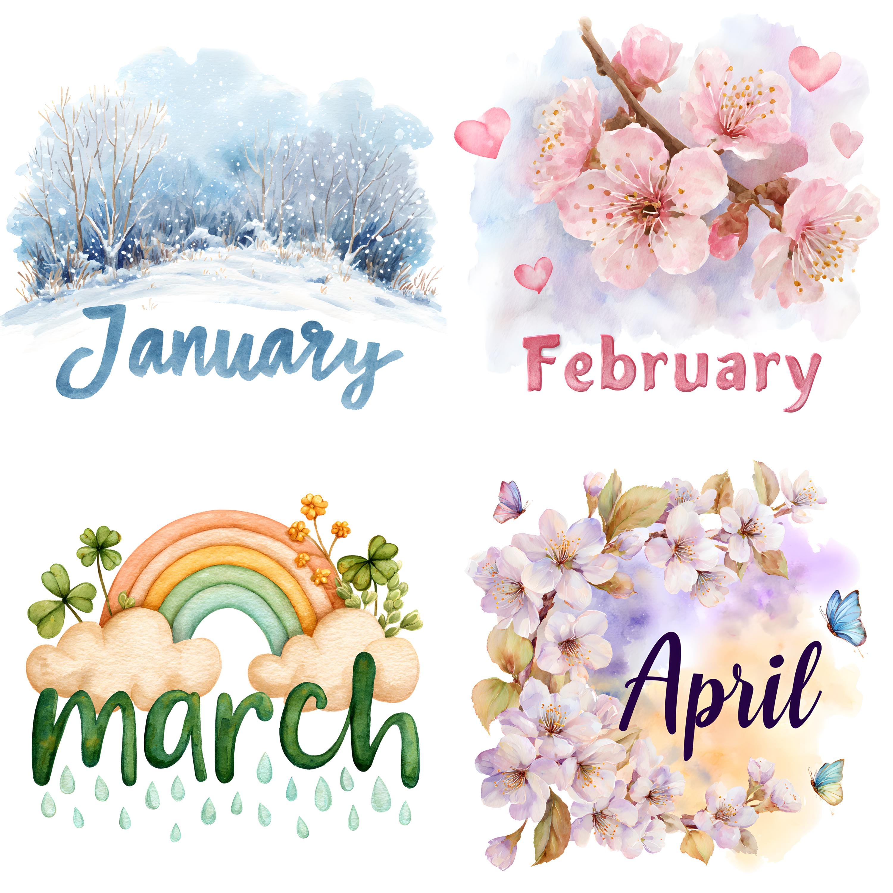 Watercolor Months of the Year Clipart: Seasonal Planner Graphics ...