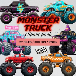 Colorful Monster Truck Clipart: Boys Birthday Party, Racing Car (Digital Download)