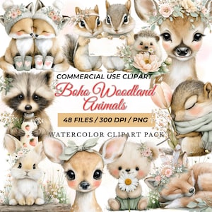 Watercolor Woodland Animals Clipart: Boho Floral PNG Graphics