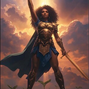 Op de afbeelding: Een boekomslag getiteld MENDED BY MERCY A DAUGHTER'S ROAR, met een krijger in gouden harnas en blauwe cape die een gloeiend zwaard vasthoudt tegen een zonsondergang. De tekst luidt: From Brokenness to Boldness: Healing, Warfare, and Holy Fire.