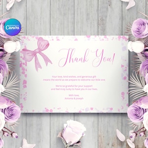 Girl Baby Shower Pink Thank You Card, Canva Template, Baby Shower Template, Digital Download, Boho Invitation Template