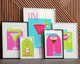 Retro Cocktails Art Print Bundle: Mid-Century Bar Cart Decor (Digital Download, 6 Piece Set)