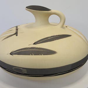 1980's VTG Grey Feather Desert Pueblo Pottery Squat Jug / Pitcher / Decanter Native American Clay Pot Hand Painted Southwest Motif Signed