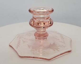 Vintage Pink Depression Glass Candlestick Holder Octagon Shaped Base Etched Floral on Base Discontinued Circa 1930's