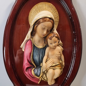 Madonna and Child Bas-Relief on Wooden Wall Plaque Religious