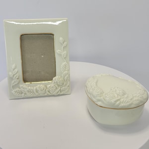 Set of Vintage Porcelain 2'3" Picture Frame and Heart Shaped Trinket Box Dresser set Raised Roses and Vines Gold Tone Trim Feminine Elegant
