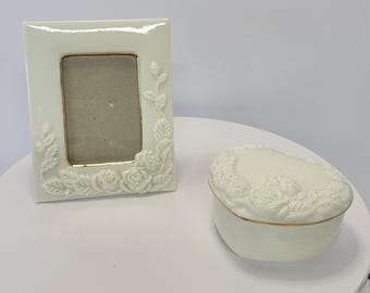 Set of Vintage Porcelain 2'3" Picture Frame and Heart Shaped Trinket Box Dresser set Raised Roses and Vines Gold Tone Trim Feminine Elegant
