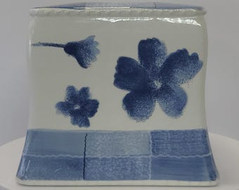 Vintage Ceramic Tissue Box Cover Quilted Checkered and Floral Blue-Wash Pattern Folk Art Granny Core Denim Blue