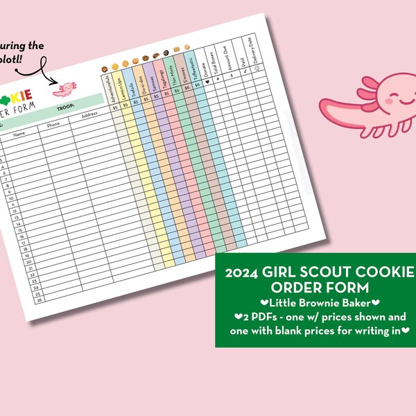 Girl Scout Cookie Order Form 2024 axolotl LBB, Troop Order Form, download, Cookie Troop Tracker, Template, Daisy Brownie Junior Cadette