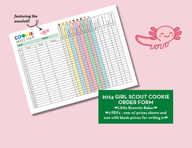 Girl Scout Cookie Order Form 2024 Axolotl LBB, Troop Order Form ...