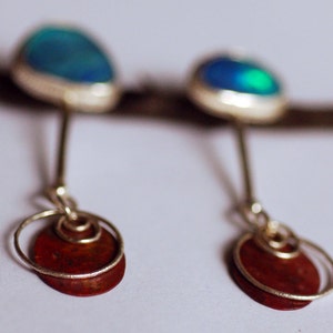 fire and ice... blue boulder opal sterling silver red copper stud dangle earrings image 3