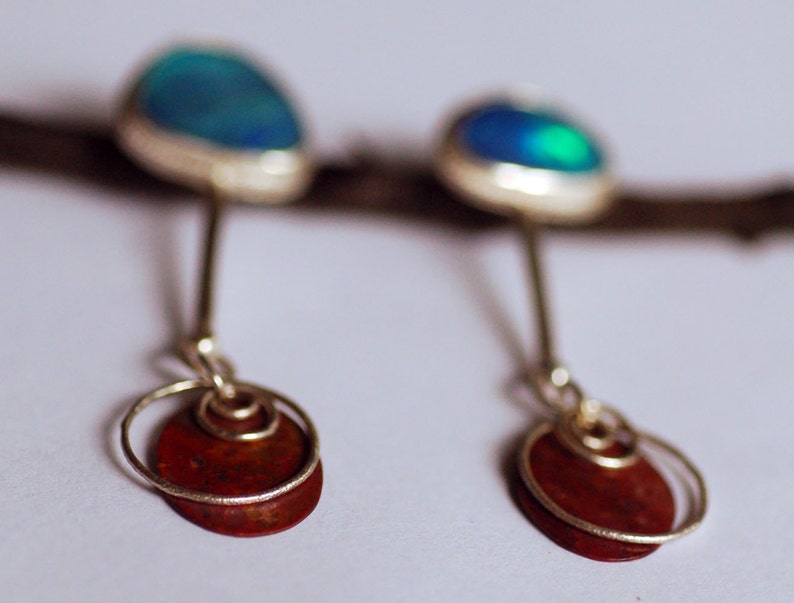 fire and ice... blue boulder opal sterling silver red copper stud dangle earrings image 3