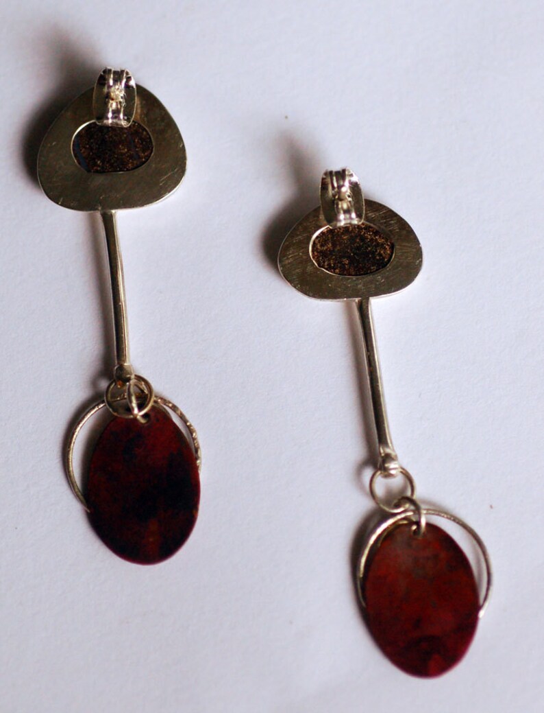 fire and ice... blue boulder opal sterling silver red copper stud dangle earrings image 4