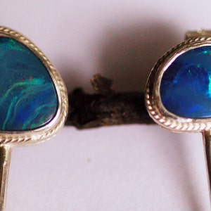 fire and ice... blue boulder opal sterling silver red copper stud dangle earrings image 2