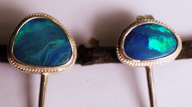 fire and ice... blue boulder opal sterling silver red copper stud dangle earrings image 2