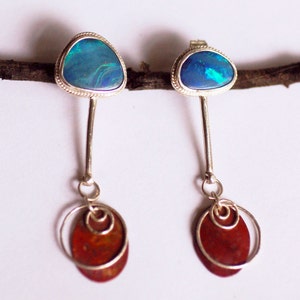 fire and ice... blue boulder opal sterling silver red copper stud dangle earrings image 1